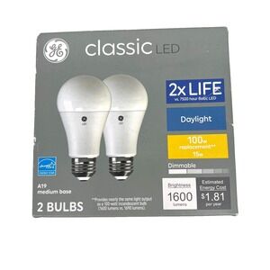GE Classic LED Light Bulbs 100 Watt Dimmable Daylight A19 Medium Base (2‎ Pack)